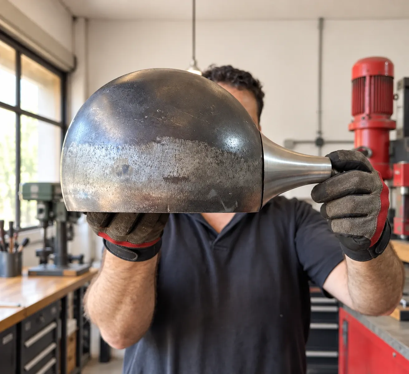 A craftsman in the workshop holding up a raw steel lamp shade