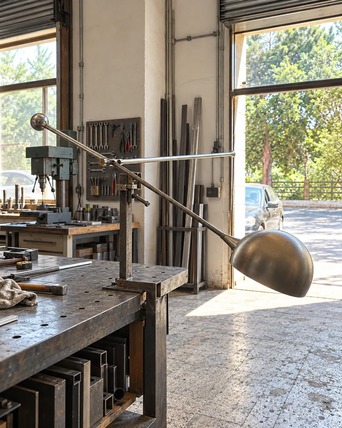 The assembled steel lamp with its long arm and dome shade, clamped to a workbench in the workshop