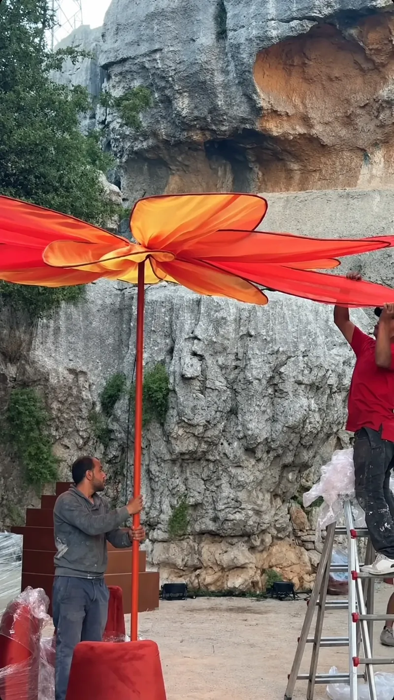 The large red and orange petals being opened out over the tree