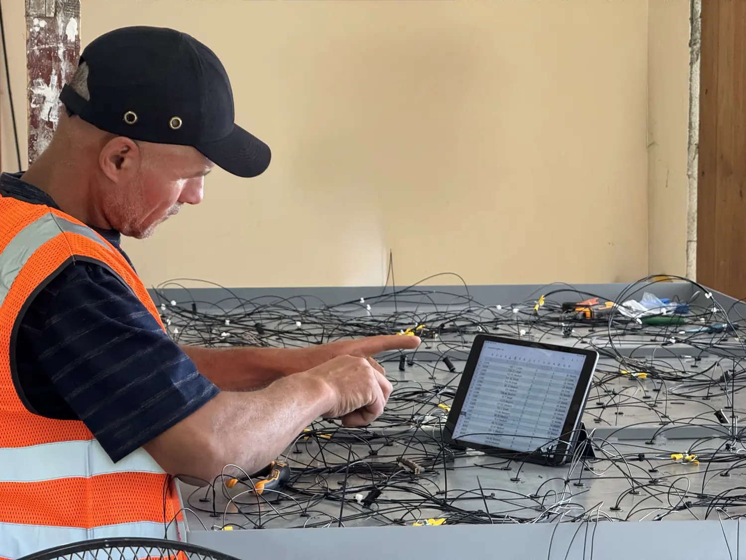 An installer wires the light fittings, following the layout on an iPad